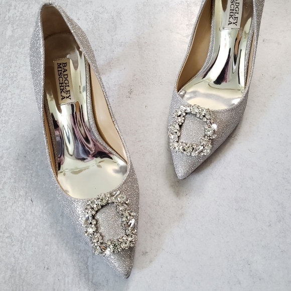Badgley Mischka Carrie Crystal Embellished Pump Silver Glitter Heels SZ 6.5 - Picture 1 of 9